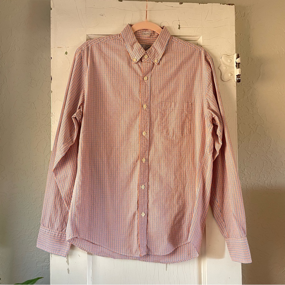 J. Crew Men's Orange Blue and White Checkered Shirt